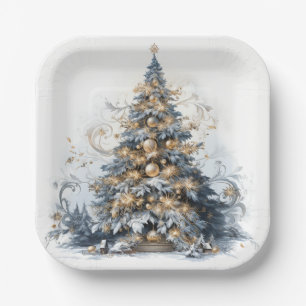 Eleganter Weihnachtsbaum Gold Ornamente Schnee Pappteller
