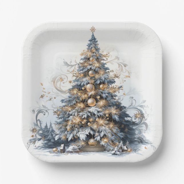 Eleganter Weihnachtsbaum Gold Ornamente Schnee Pappteller (Vorderseite)