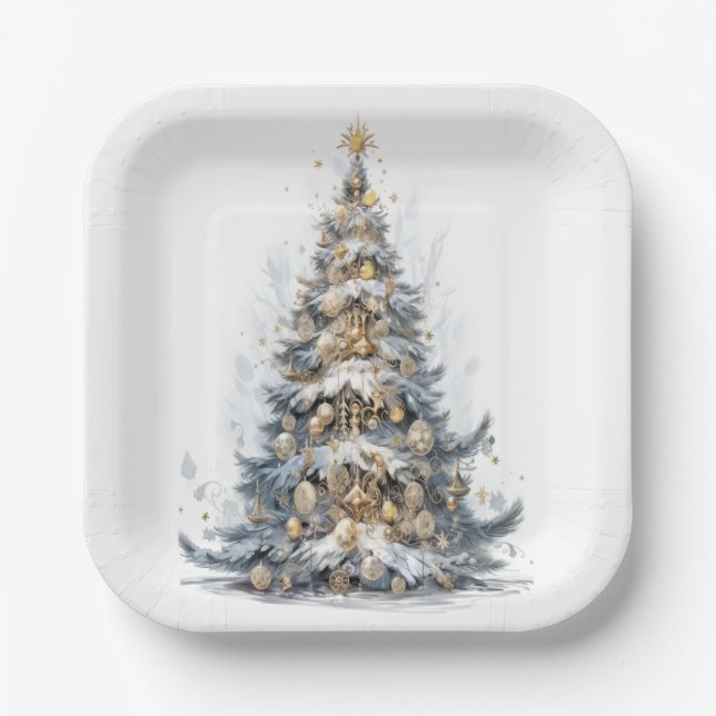 Eleganter Weihnachtsbaum Gold Ornamente Schnee Pappteller (Vorderseite)