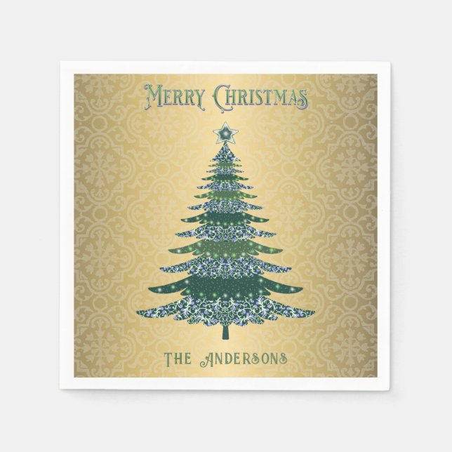 Eleganter Weihnachtsbaum Green Gold Name Custom Serviette (Vorderseite)