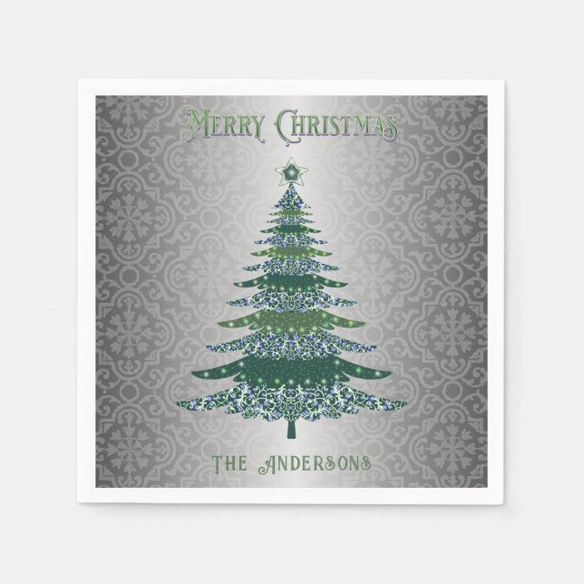 Eleganter Weihnachtsbaum Green Silver Name Custom Serviette (Vorderseite)