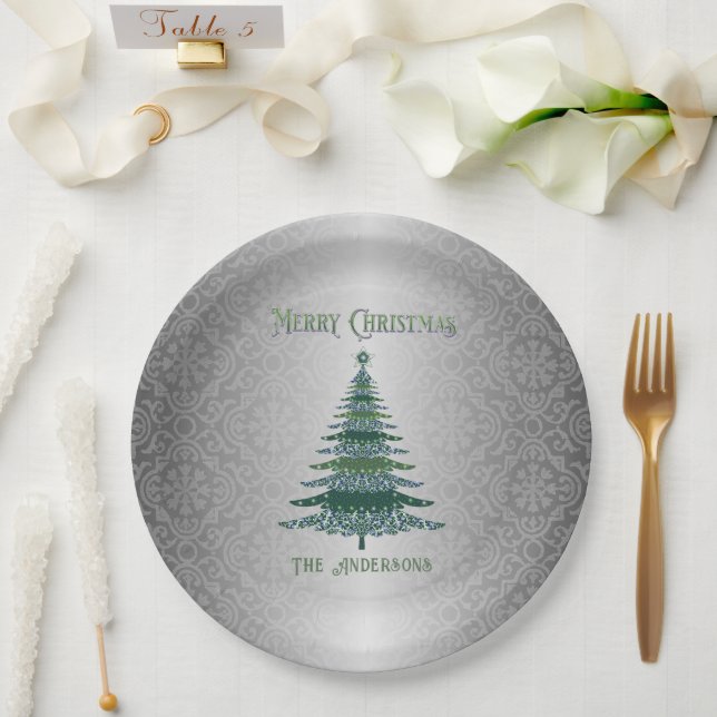 Eleganter Weihnachtsbaum Grün Silbername Ornamente Pappteller (Hochzeit)