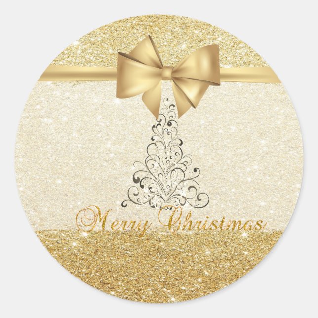 Eleganter Weihnachtsbaum, Imitate Gold Bow, Glitte Runder Aufkleber (Vorderseite)