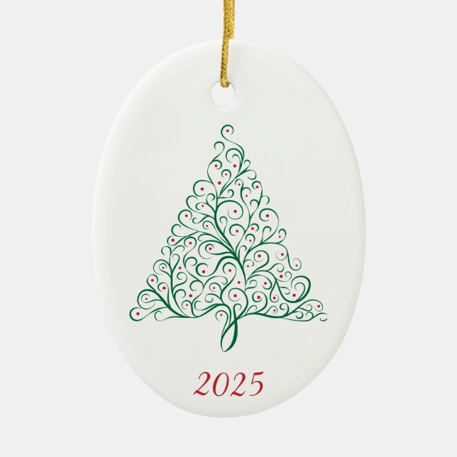 Eleganter Weihnachtsbaum in Rot und Grün Keramik Ornament (Vorne)