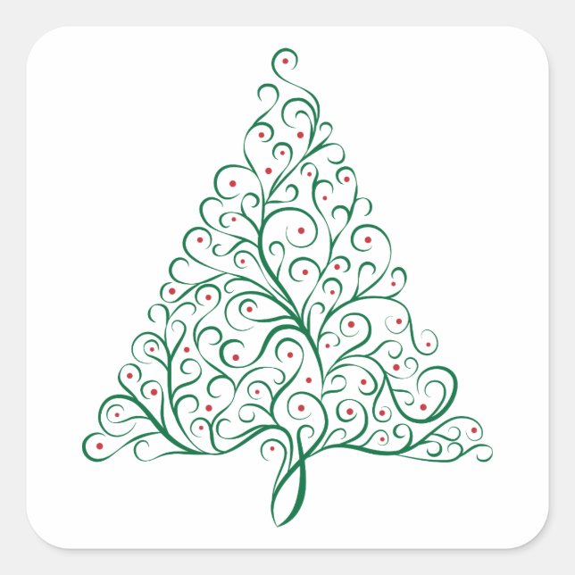 Eleganter Weihnachtsbaum in Rot und Grün Quadratischer Aufkleber (Vorderseite)