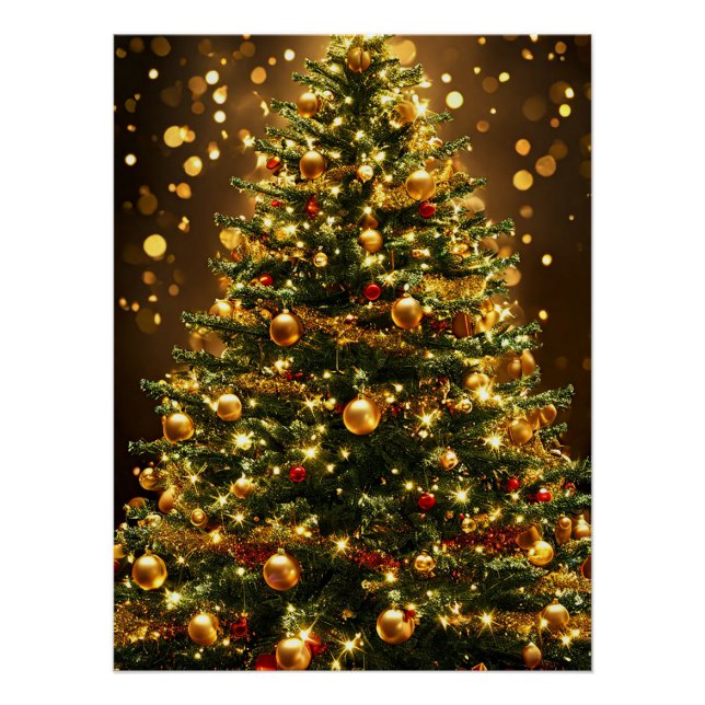 Eleganter Weihnachtsbaum mit Licht dekoriert Poster (Vorderseite)
