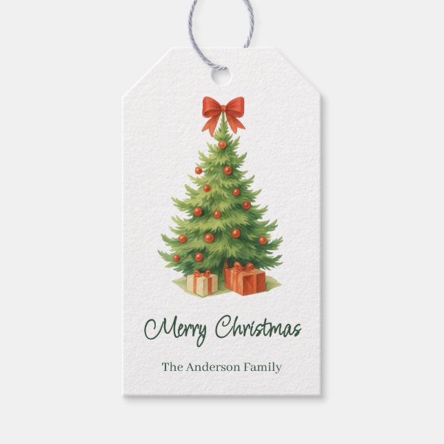Eleganter Weihnachtsbaum mit Red Bow & Presents - Geschenkanhänger (Vorderseite)