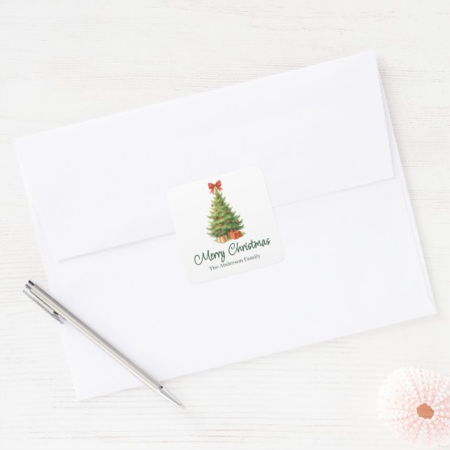Eleganter Weihnachtsbaum mit Red Bow & Presents - Quadratischer Aufkleber (Umschlag)