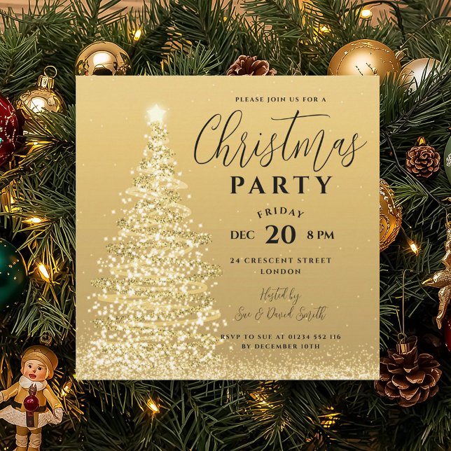 Eleganter Weihnachtsbaum Party Goldener Feiertag Einladung (Elegant Christmas Tree Party Gold Holiday Invitation)