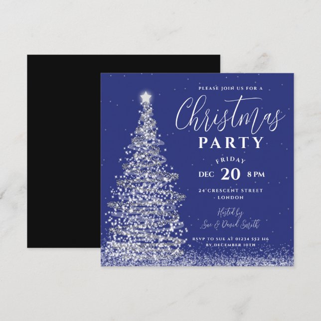 Eleganter Weihnachtsbaum Party Silver Navy Urlaub Einladung (Vorne/Hinten)