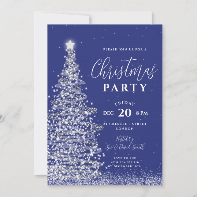 Eleganter Weihnachtsbaum Party Silver Navy Urlaub Einladung (Vorderseite)