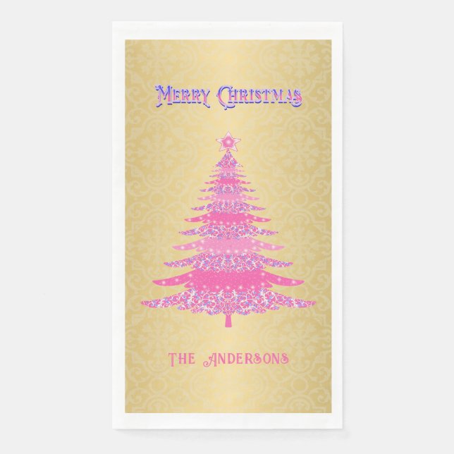 Eleganter Weihnachtsbaum Rosa Goldene Ornamente Serviette (Vorderseite)