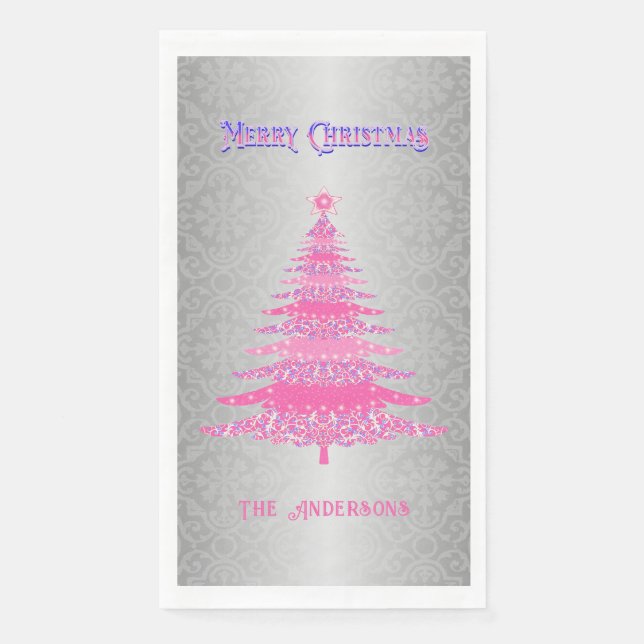 Eleganter Weihnachtsbaum Rosa Silbername Ornamente Serviette (Vorderseite)