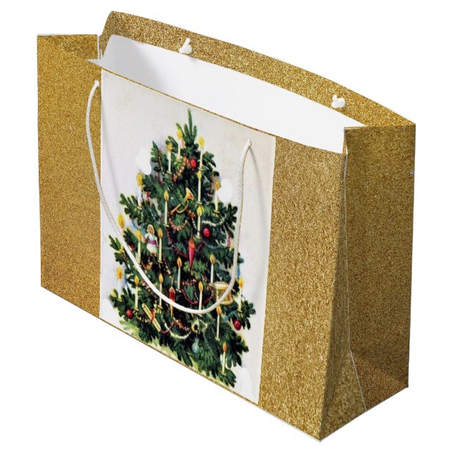 Eleganter Weihnachtsbaum und Gold Glitzer Große Geschenktüte (Rückseite Schrägansicht)