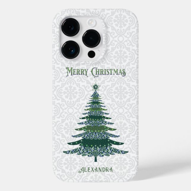 Eleganter Weihnachtsbaum White Green Personalisier Case-Mate iPhone 14 Pro Hülle (Rückseite)