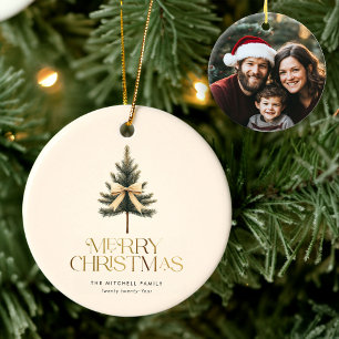 Eleganter Weihnachtsgruß Tannenbaum-Schleife Famil Keramik Ornament