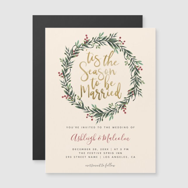 Eleganter Weihnachtskranz Dies ist die Hochzeit de Magneteinladung (Vorne/Hinten)