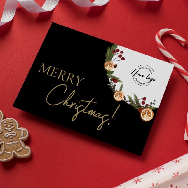 Eleganter Weihnachtskranz Feiertagskarte (Holiday dried oranges foliage wreath with custom logo Merry Christmas corporate card.)