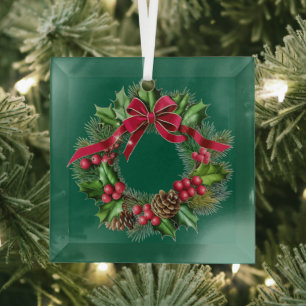 Eleganter Weihnachtskranz mit roter Schleife, Stec Ornament Aus Glas