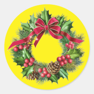 Eleganter Weihnachtskranz mit roter Schleife, Stec Runder Aufkleber