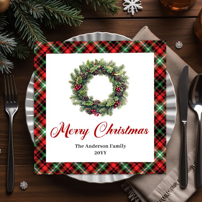 Eleganter Weihnachtskranz rote grüne Karo-Serviett Serviette (Elegant Christmas wreath napkins with red green plaid, customizable name.)