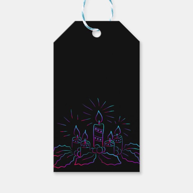Eleganter Weihnachtskranz und Kerzenneon schwarz Geschenkanhänger (Vorderseite)