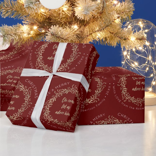 Eleganter Weihnachtsreath Adore Ihn Red Gold Geschenkpapier (Feiertage)