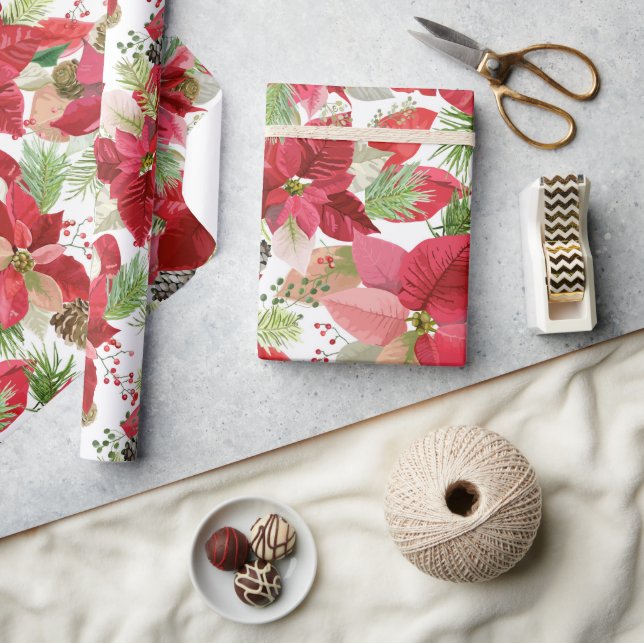 Eleganter Weihnachtsurlaub Poinsettia Pine Cone Geschenkpapier (Kunsthandwerk)