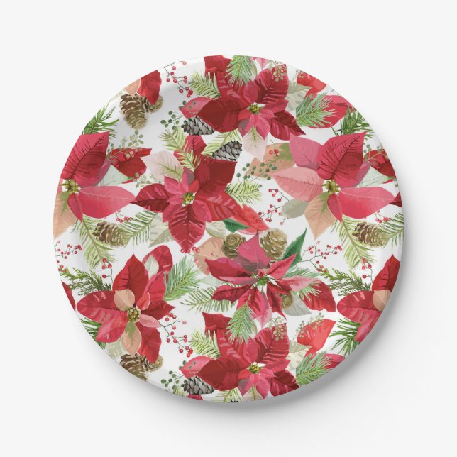 Eleganter Weihnachtsurlaub Poinsettia Pine Cone Pappteller (Vorderseite)