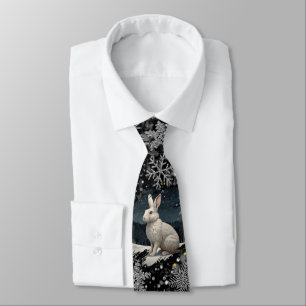 Eleganter Weihnachtsweißer Hase Silberne Schneeflo Krawatte
