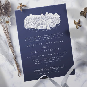 Eleganter Weingarten Zeichnend Blaue Hochzeit Einladung