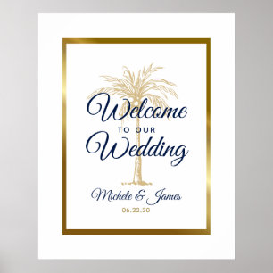 Eleganter Weiß Navy Gold Palmenbaum Hochzeitsempfa Poster