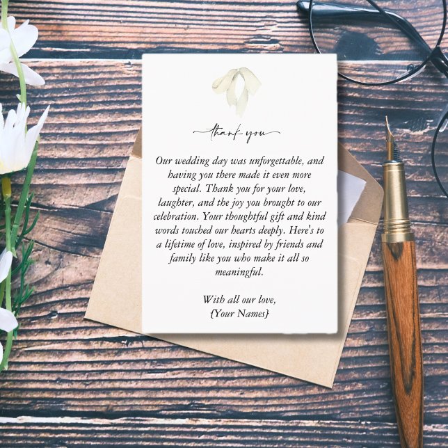 Eleganter Weiße Bow verbindet das Foto der Knoten Dankeskarte (Custom Wedding Photo Thank You Cards)