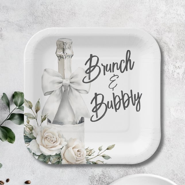 Eleganter Weißer Blumenbrunch und Bubbly Stickers Pappteller (Brunch and Bubbly Bridal Shower Plate)