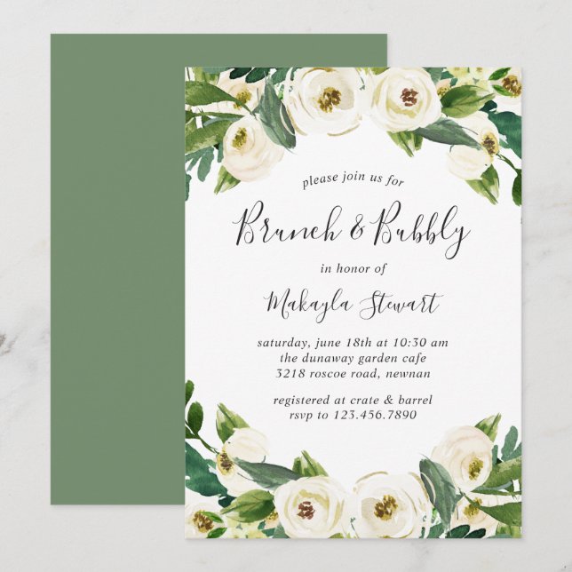 Eleganter Weißer Blumengarten Brunch und Bubbly Einladung (Vorne/Hinten)