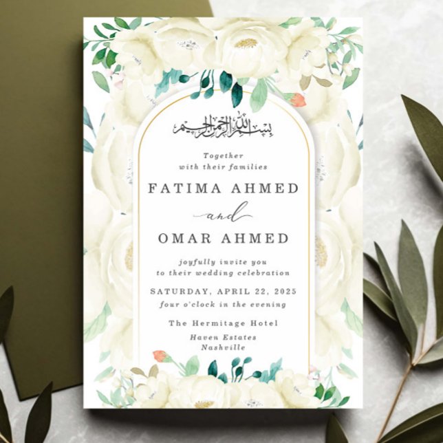 Eleganter Weißer Blumengarten Islamische Hochzeit Einladung (Von Creator hochgeladen)