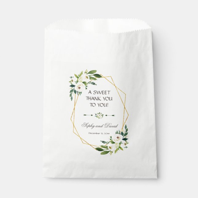 Eleganter weißer Blumengoldrahmen DANK Geschenktütchen (Vorderseite)