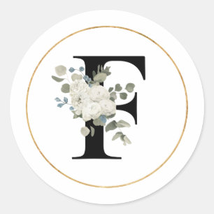 Eleganter weißer Blumenmonogramm Buchstabe F auf  Runder Aufkleber