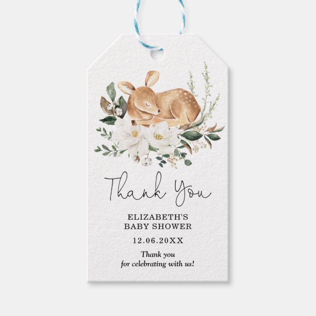 Eleganter weißer Blumenwald Deer Baby Geschenkanhänger (Vorderseite)