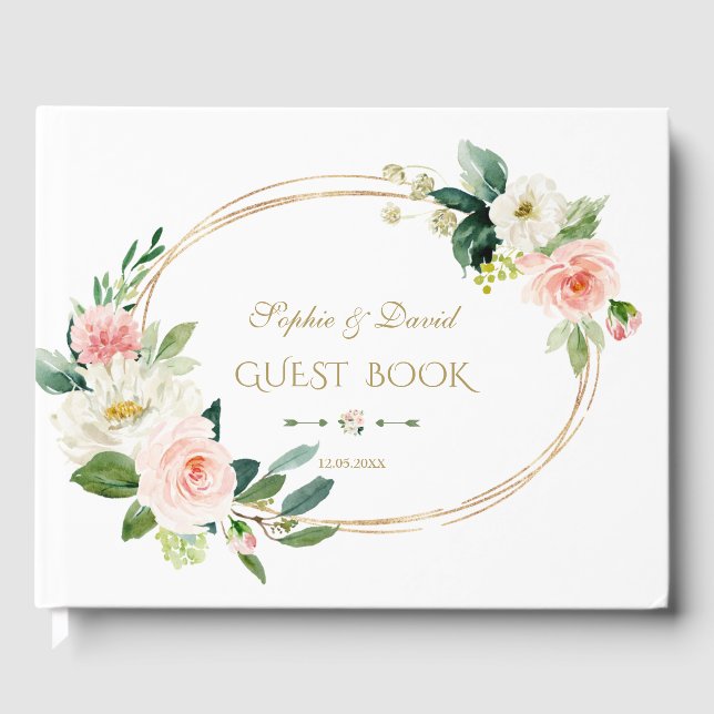 Eleganter weißer Blush-Blütengoldrahmen Hochzeit Gästebuch (Vorderseite)