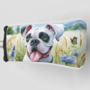 Eleganter weißer Boxerhund im blühenden Feld Golf Headcover