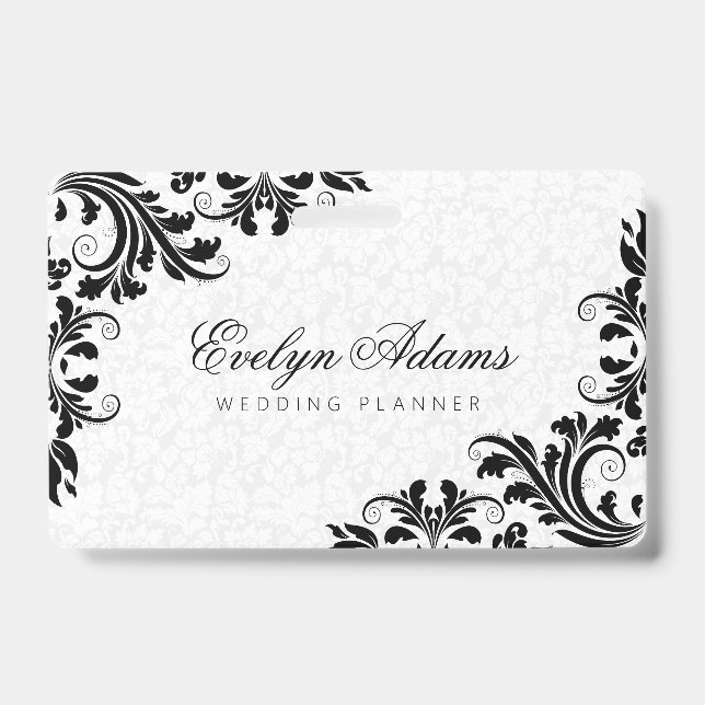 Eleganter weißer Damask und schwarze Spitze Ausweis (Vorderseite)
