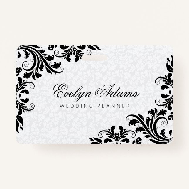 Eleganter weißer Damask und schwarze Spitze Ausweis (Rückseite)
