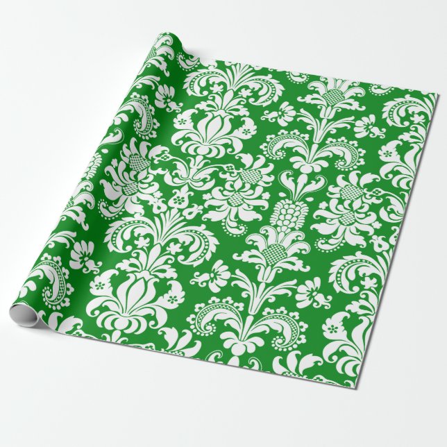 Eleganter weißer Damaskus, grüner Hintergrund Geschenkpapier (Ungerollt)