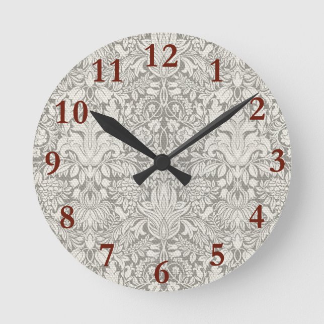 eleganter weißer Damast-Spitzenbrokat Runde Wanduhr (Vorderseite)