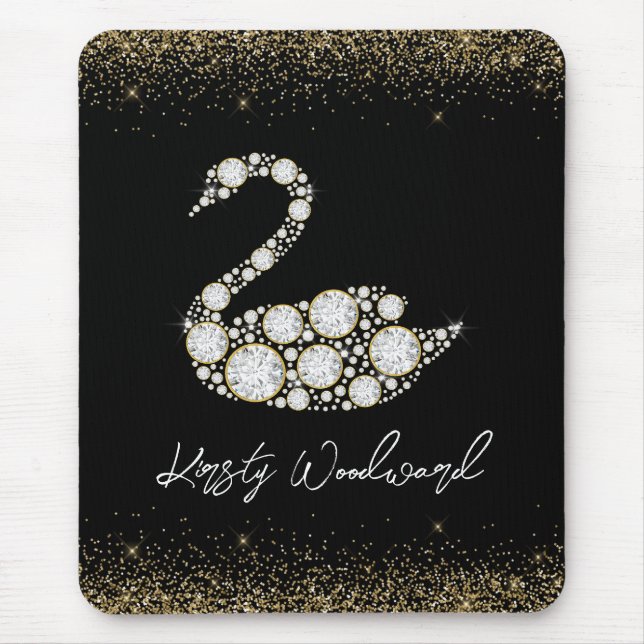 Eleganter Weißer Diamant Schwan auf schwarzem Hint Mousepad (Vorne)