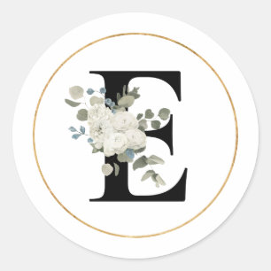 Eleganter weißer Floral Monogramm Buchstabe E auf Runder Aufkleber