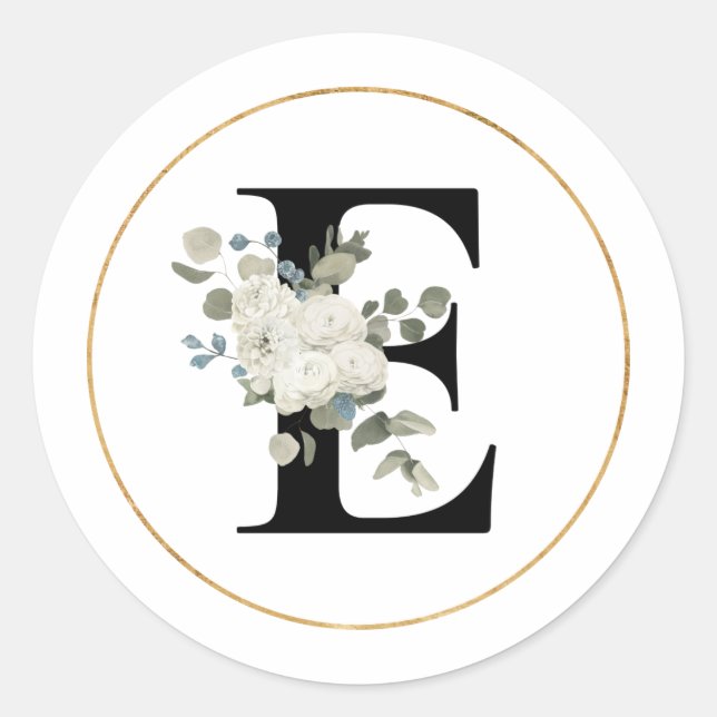 Eleganter weißer Floral Monogramm Buchstabe E auf  Runder Aufkleber (Vorderseite)