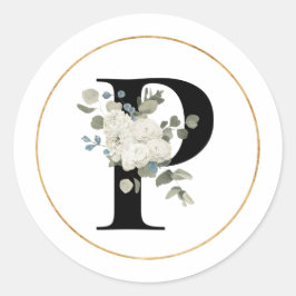Eleganter weißer Floral Monogramm Buchstabe P auf  Runder Aufkleber