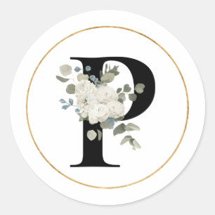 Eleganter weißer Floral Monogramm Buchstabe P auf  Runder Aufkleber